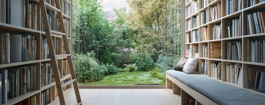 Fototapeta Minimalist Scandinavian home library with floor-to-ceiling bookcases, a ladder, and a cozy window seat overlooking the garden
