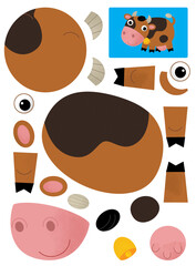 Fototapeta na wymiar cartoon scene with character puzzle cutout educational exercise manual work with scissors farm ranch animal cow bull illustration for children cutout