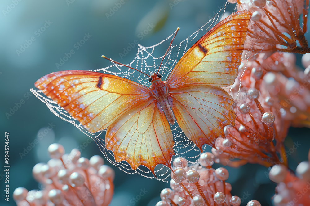 Poster a spider web made of strings of pearls, with a butterfly caught in it, symbolizing the entrapment of
