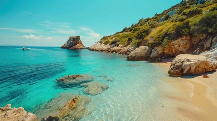 Sunny beach with clear blue waters.