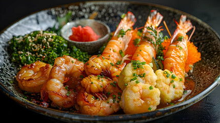 Fototapeta premium A plate of assorted tempura with shrimp and vegetables, captured using an ultra HD camera with a ring light for even illumination