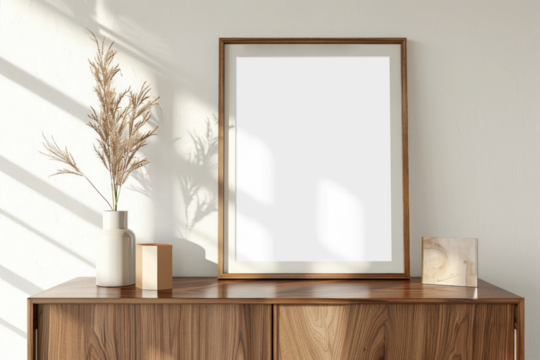 Wooden photo frame mockup png living room interior, transparent design