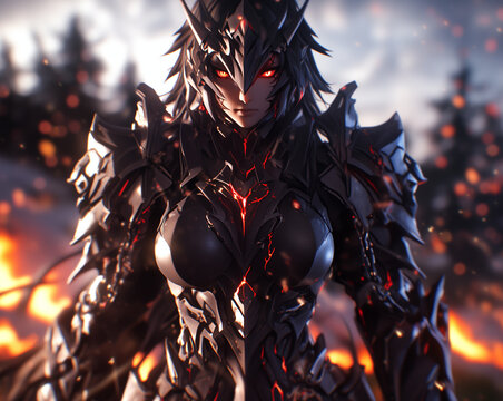 Enigmatic female demon stands serene among snowy pines, her red eyes piercing the twilight