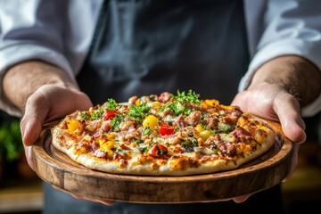 In a restaurant kitchen, a chef presents a hot Margherita pizza garnished with basil, tomato, and mozzarella.