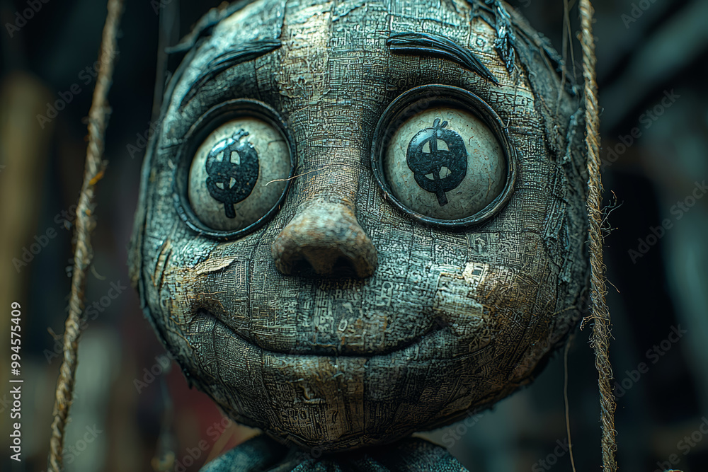 Poster a puppet with strings connected not to a puppeteer, but to a dollar sign, symbolizing the control of