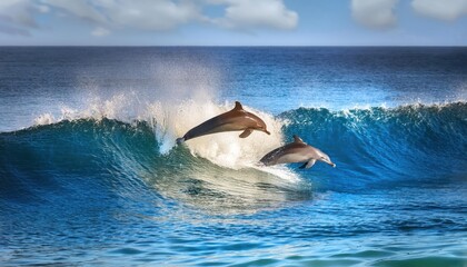Fototapeta premium Playful dolphins jumping over breaking waves. Hawaii Pacific Ocean wildlife scenery. Marine 