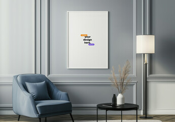 Poster Frame Mockup Hanging on the Wall of an Empty Living Room with a Blue Armchair with Generative AI