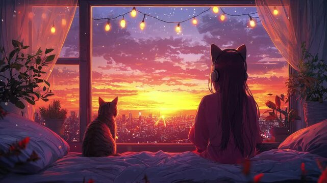 Sunset view with girl and cat, anime style.