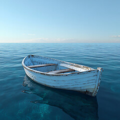 Obraz premium Isolated Boat Drifts Peacefully on Vast Blue Water Surface picture