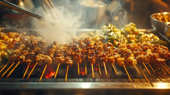 Grilled skewers featuring an array of meats, vegetables, and spices sizzling over a hot grill, creating a vibrant and mouth-watering scene