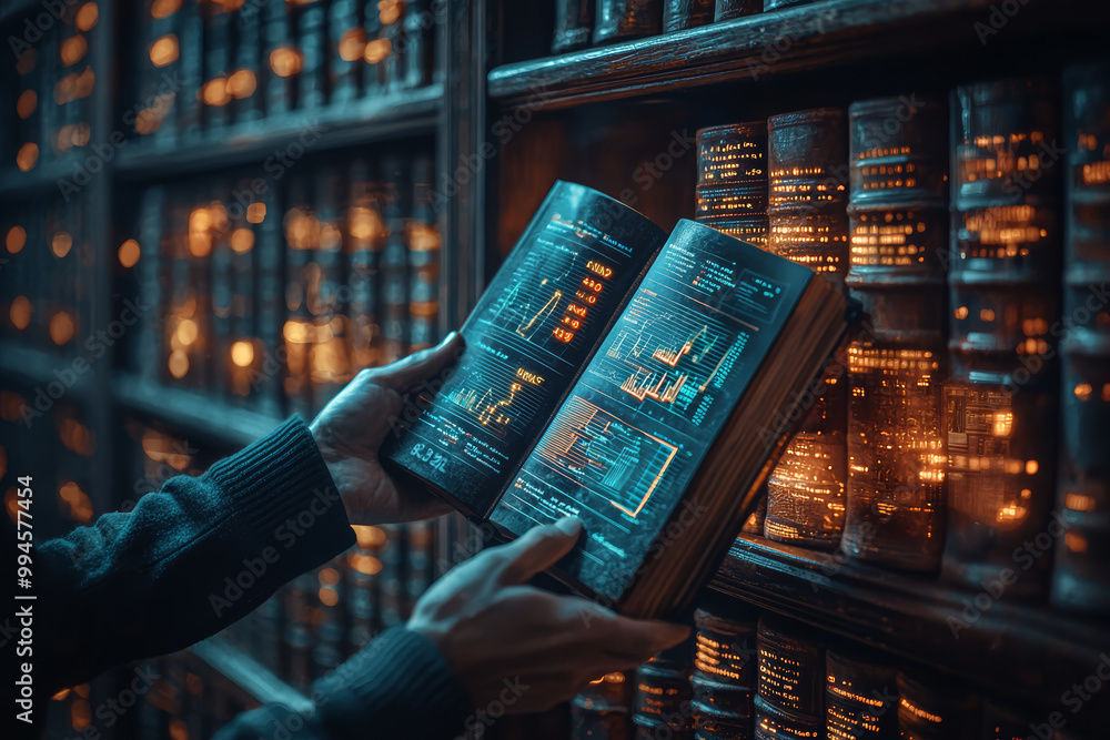 Poster a library with books that emit glowing graphs and charts when opened, showcasing the knowledge and d