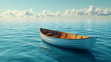 Naklejka premium Lonely Boat Gently Floating on Calm Ocean Under Clear Sky picture