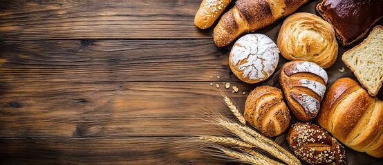 Featuring freshly baked bread on a rustic wooden table, this copy space image depicts