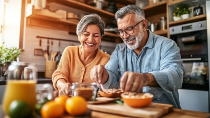 An older Hispanic couple pours food onto a frying pan at home: Stock photo