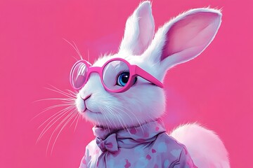 Fototapeta premium Cute white rabbit with pink glasses and bowtie on pink background