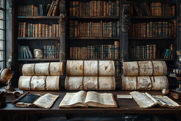 A home office turned into a knight's study, filled with ancient scrolls and a large wooden desk, illustrating scholarly pursuits. Concept of academia.