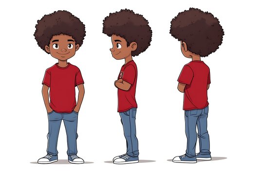 Cartoon boy with afro character sprite sheet. Front, side, and back view.