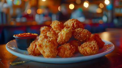 A plate of crispy chicken nuggets with a side of dipping sauce, captured using an ultra HD camera with a ring light for even illumination