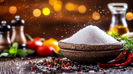 Grass mortar filled with salt, pepper, and other spices, dark background, pieces of spices flying.