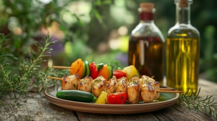Naklejka premium An elegant gourmet food concept featuring grilled chicken skewers with cherry tomatoes and bell peppers