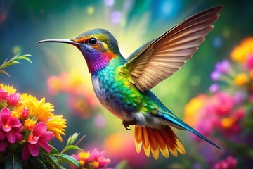 Fototapeta premium Vibrant Hummingbird Wallpaper Featuring Colorful Feathers and Delicate Floral Background Design