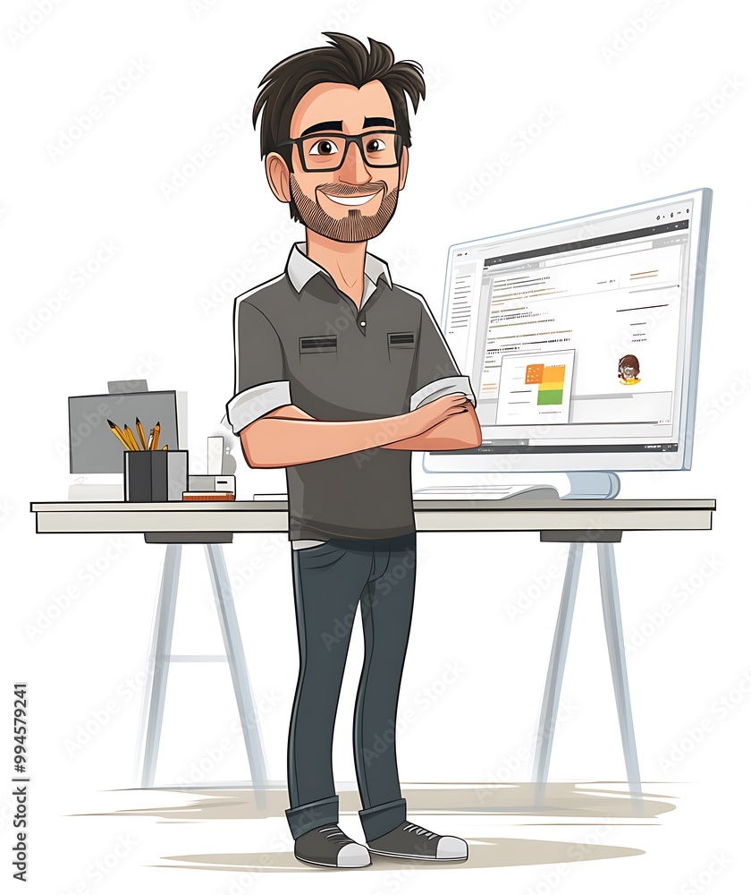 Poster smiling cartoon man with glasses standing with arms crossed in front of desktop computer