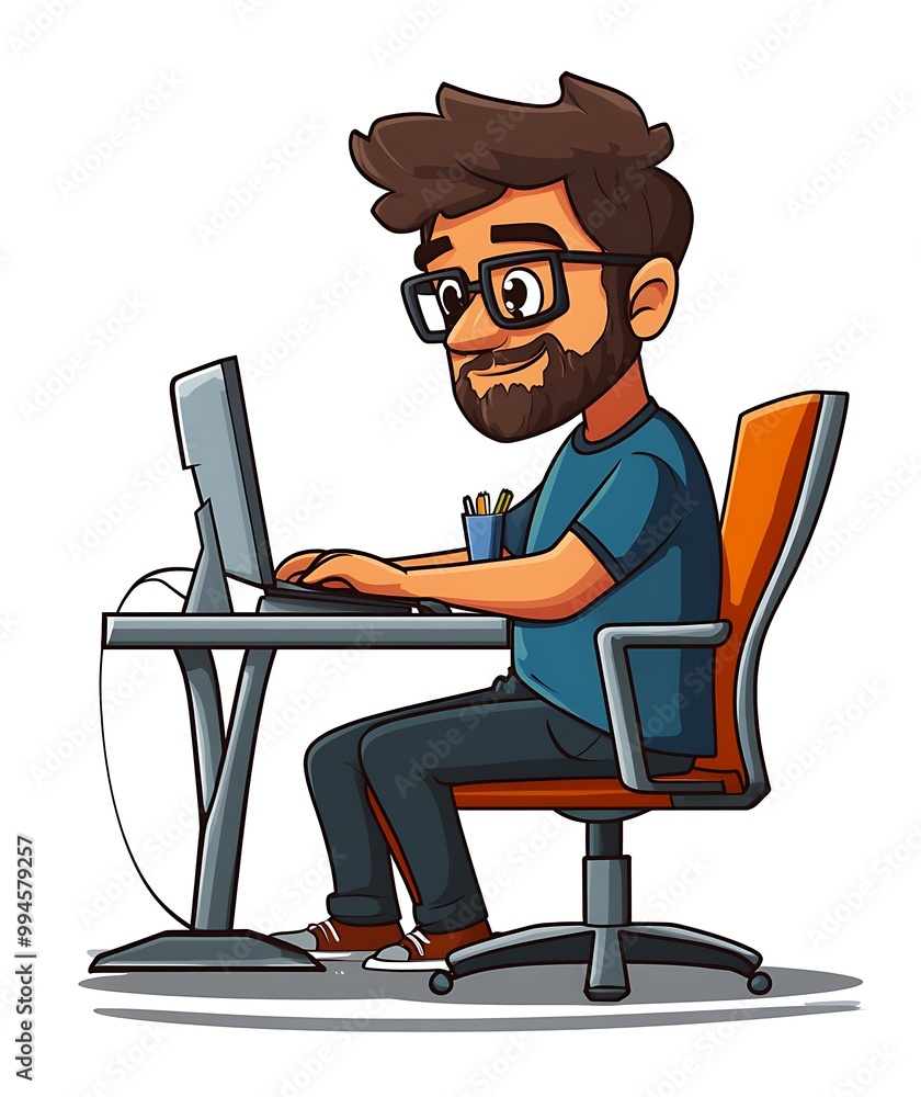 Poster cartoon man working on laptop computer at desk. illustration of programmer, web developer, or freela