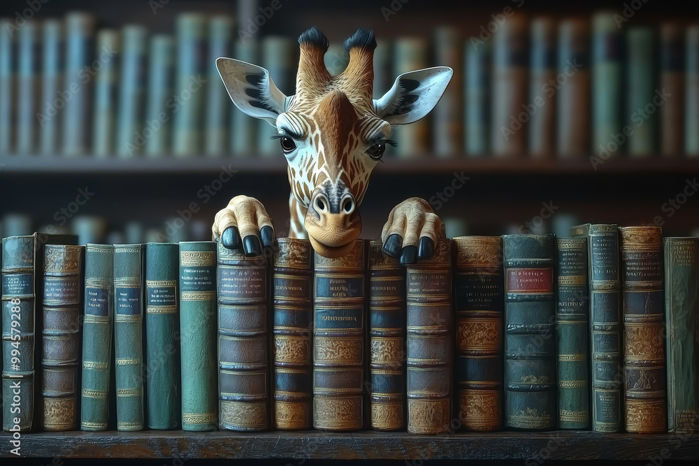 Poster a giraffe reaching for books on a high shelf in a library, representing a quest for knowledge. conce