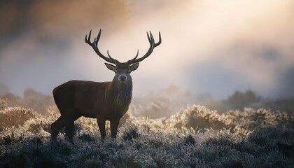 Obraz premium Red deer stag silhouette in the mist . steam comes out of his mouth 
