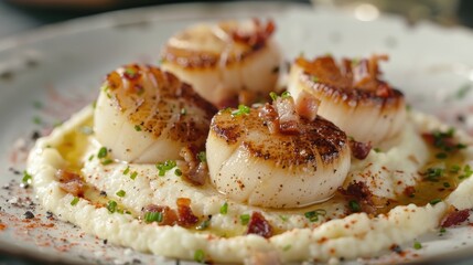 Seared scallops with a smooth cauliflower puree and crispy pancetta.