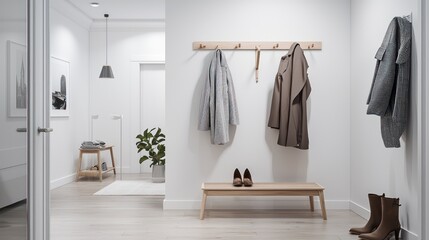 Minimalist Scandinavian vestibule with white walls, a natural wood coat stand, and a bespoke shoe rack
