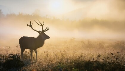 Naklejka premium Red deer stag silhouette in the mist . steam comes out of his mouth 