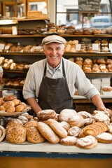 Fresh bagels and croissants are available for purchase from this smiling baker.