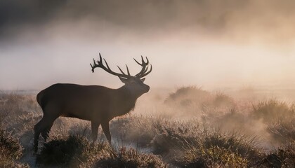Obraz premium Red deer stag silhouette in the mist . steam comes out of his mouth 