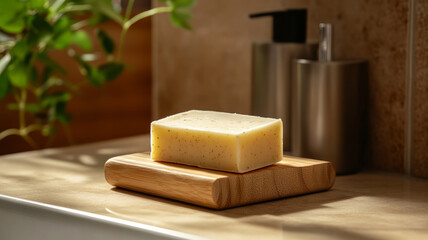 Handmade bar soap on a wooden soap dish in a well-lit bathroom.