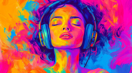 Colorful and vibrant illustration of a woman with a headset working from home while listening to music, representing a cheerful remote work environment
