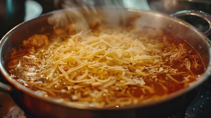 Simmering chicken tortilla soup with shredded cheese and crushed tortilla chips.