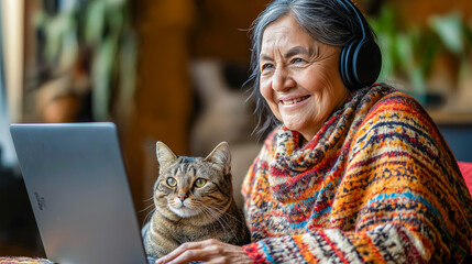 Happy senior Indigenous woman wearing a headset working from home with a cat next to her laptop, bright and cheerful remote workspace