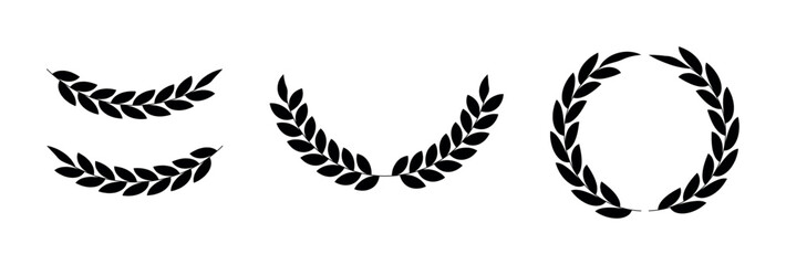 Set of black laurel wreath and branches on transparent background. Leaf in circle frames. Decorative vintage line elements collection. Awards, winner, trophy, branches, foliate or leaves circle badge