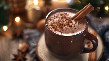 Steaming cup of Mexican hot chocolate with cinnamon stick.
