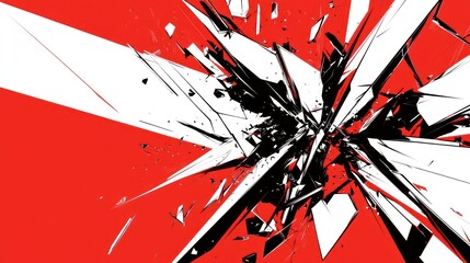 Shattered glass explosion in red, black, and white abstract design