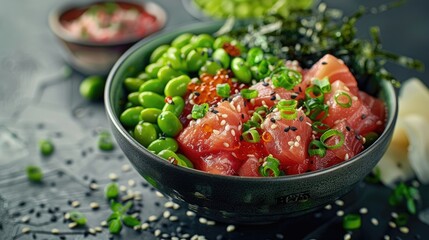 Sushi-grade tuna poke bowl with edamame and seaweed.