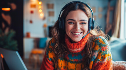 Joyful woman wearing a cozy sweater and headset working from home in a vibrant and colorful setting, remote work and positive digital communication concept