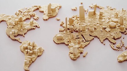 Detailed gold world map model with 3D buildings on a white background.