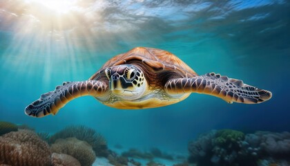 Obraz premium a turtle swims in the clean clear water. beautiful underwater world.