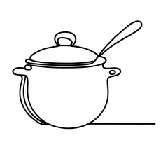 Soup pot. Icon. Vector drawing. One line art. A simple drawing of a continuous line of kitchen utensils, dishes. 