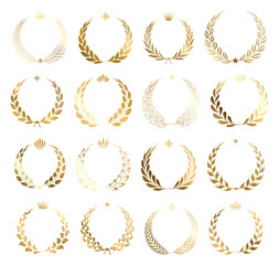 Laurel wreath winner symbol icon set vector on transparent background. Golden award wreaths with crowns and stars. Various laurel leaves and branches emblems. For winner, champion, victory designs