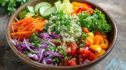 Vibrant rainbow salad with a variety of fresh vegetables, quinoa, and a tangy vinaigrette dressing