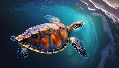 Obraz premium a turtle swims in the clean clear water. beautiful underwater world.