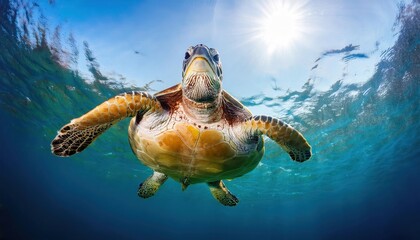 Obraz premium a turtle swims in the clean clear water. beautiful underwater world.